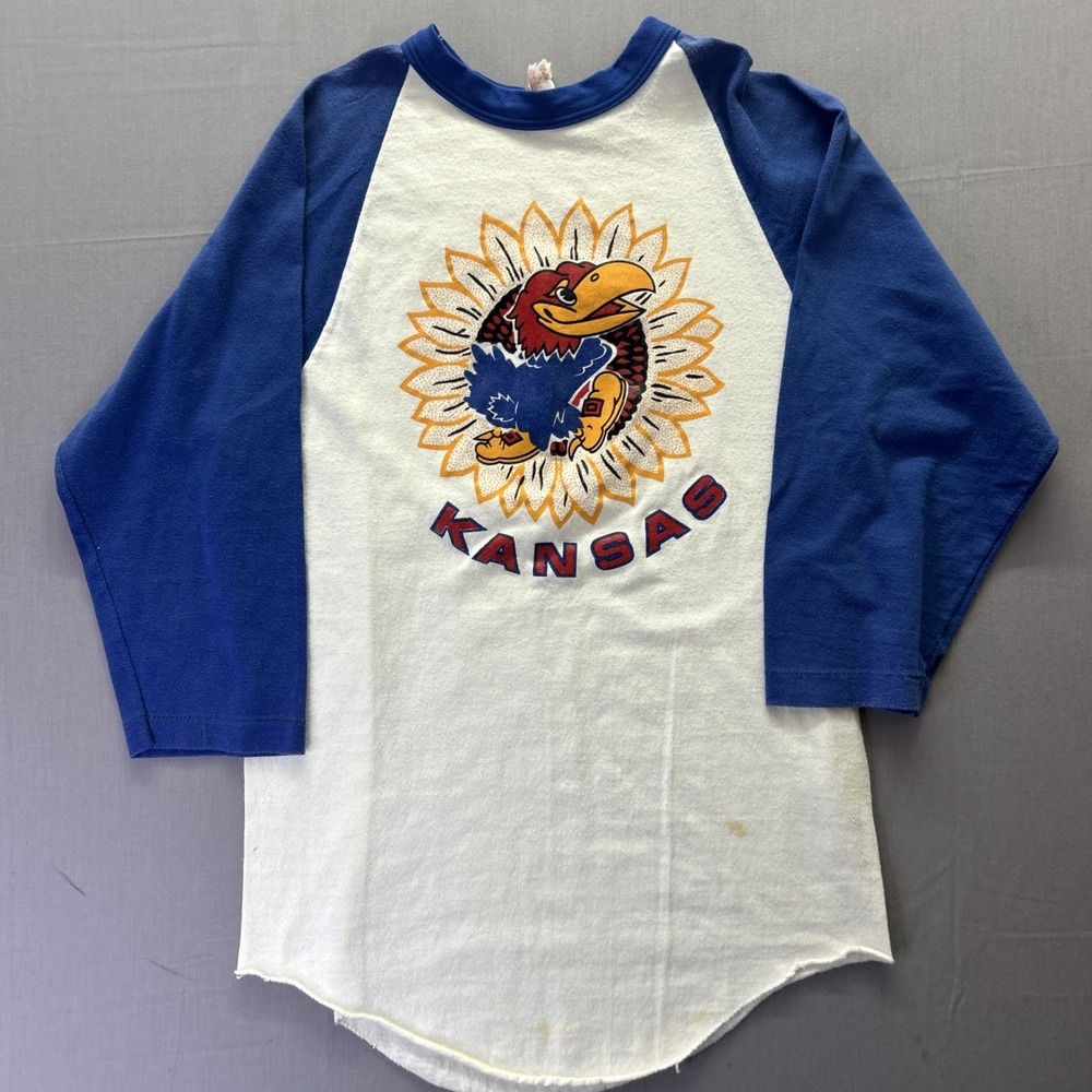 Vintage‎ Kansas Jayhawks Raglan T Shirt 70s 80s Sunflower Mascot USA Tultex M